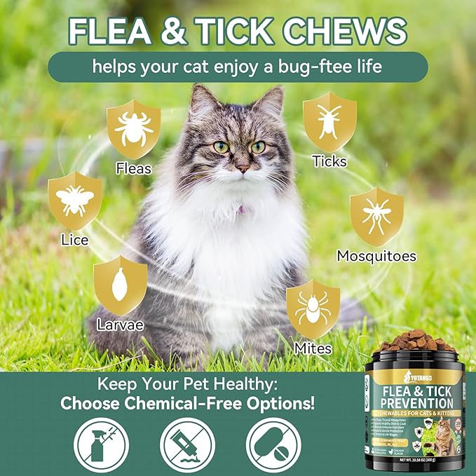 Natural Flea Treatment for Cats Chewables, 200 Soft Treats Flea and Tick Prevention for Cats, Oral Flea Supplement for Kitten Cat, Cat Flea and Tick Treatment, Skin & Coat Support - All Breeds & Ages