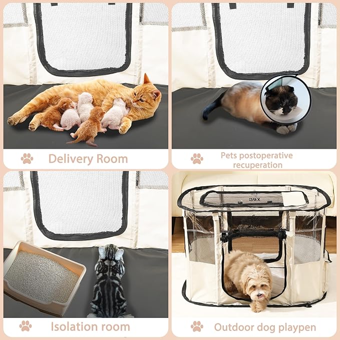 Dog Play Pen with Waterproof pad,Portable Dog Crates for Medium Dogs Kennel Tent,Dog Cages Indoor Breathable Mesh Collapsible Dog House Travel Playpen for Dogs Indoor & Outdoor(Medium, Beige)