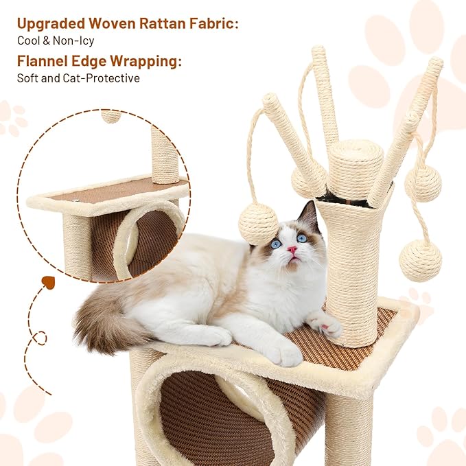 Rattan Cat Tree House with Scratching Post,Wicker Basket,Bed,and Stand Modern Cat Climbing Tower Condo for Indoor Large Adult Cat