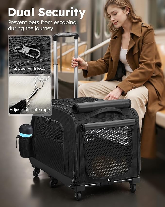 Pecute Cat Carrier with Wheels, Large Space Dog Carrier up to 40lbs,Pet Stroller for Short Legged Dogs,Dog Crate for Medium Small Dogs,Suitable for Dachshund, French Bulldog, Basset Hound, Corgi