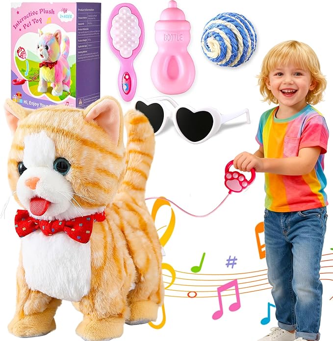 Yellow Pattern Leash Walking Cat Set Interactive Talking Toy Singing Dancing Kitten Mimicking Repeat What You Say Kitty Touch and Voice Control Nodding Wagging Tail Plush Electric Robot for Kid Girl