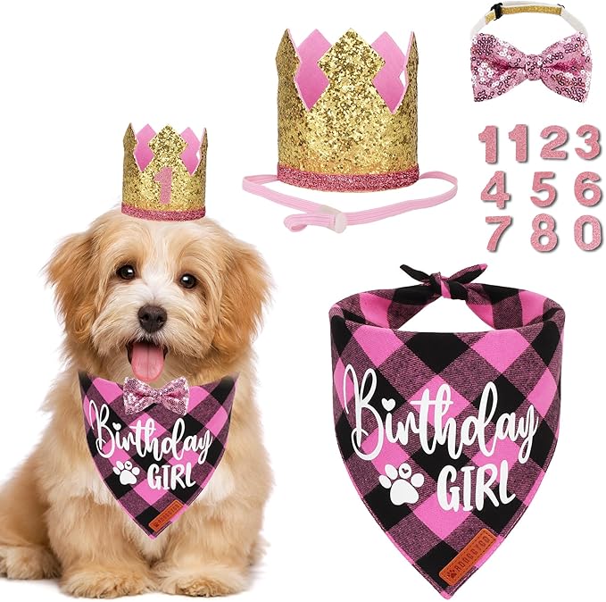 ADOGGYGO Dog Birthday Party Supplies, Pink Plaid Birthday Girl Dog Bandana, Golden Puppy Party Hat with Numbers, Bowtie for Small Puppies (Small)