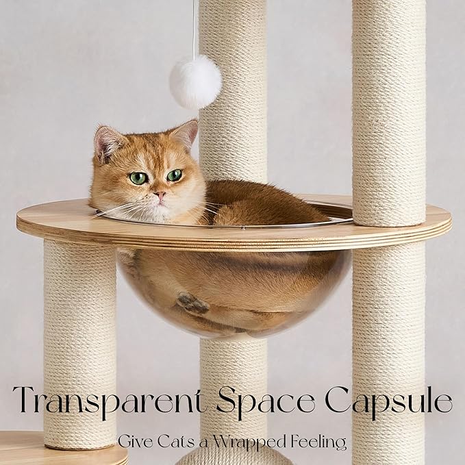 797Audio Modern Solid Wood Cat Tree Tower, 49" Tall Cat Tree with Sisal Scratching Posts and Capsule for Large Cats, Natural Oak Wooden Cat Tower,Aesthetic Multi-Level Cat Climbing Tree for Indoor Cat