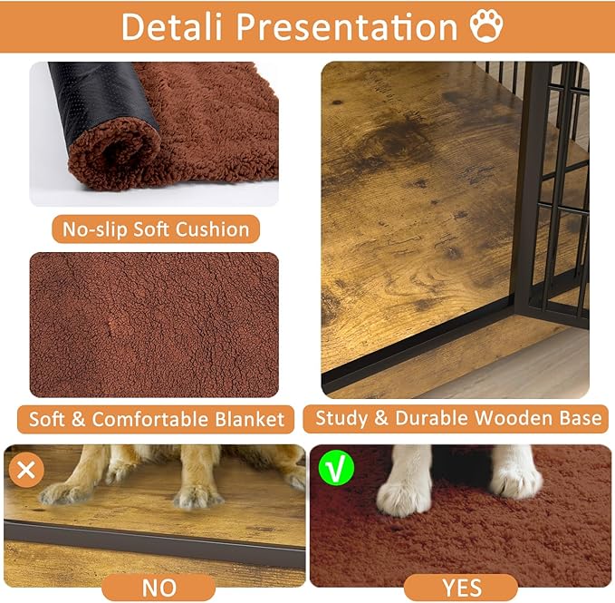 Dog Crate Furniture with Cushion,32" Wooden Dog Crate nightstand with Double Doors, Brown Kennel Indoor with Wheels, Decorative Pet House for Small Medium