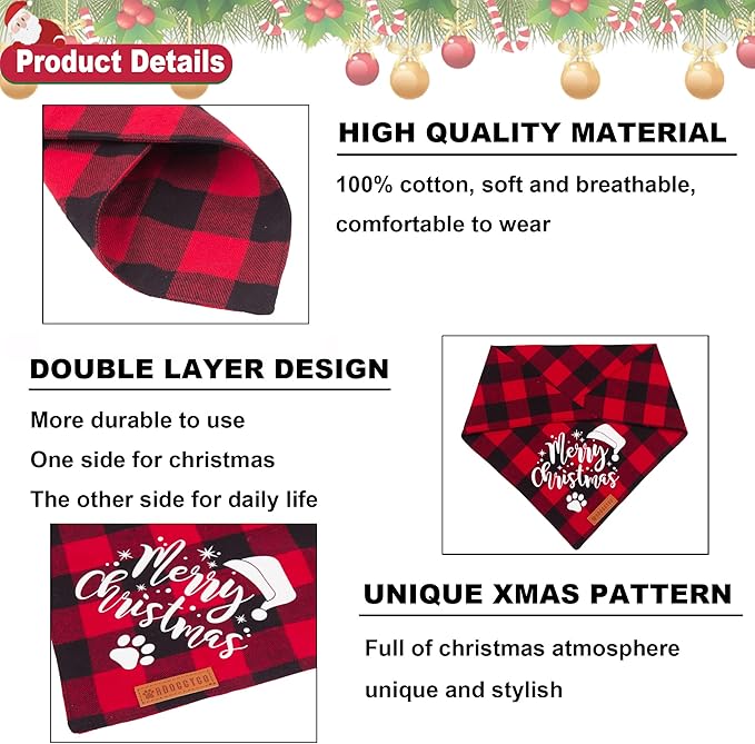 ADOGGYGO Christmas Dog Bandanas, Red Green Plaid Dog Scarf Bib, Premium Cotton Fabric, Multiple Sizes, Merry Christmas Bandanas for Large and Extra Large Dogs Pets (X-Large)