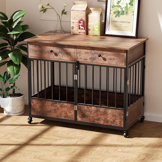 44.5" Dog Crate Furniture, Wooden Dog Kennel with Storage Drawers, Large Dog Cage with Wheels, Heavy Duty Wooden Dog Crate End Table with Steel Tubes for Big Breed