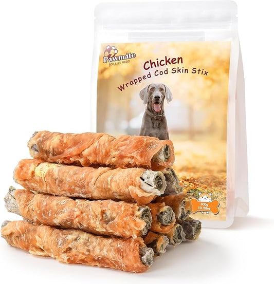 Dog Treats Chicken Wrapped Cod Fish Skin Sticks, Healthy High Protein Omega3 Cod Twist Dog Chews Real Chicken Wrap Teeth Cleaning for Large Medium Small Breeds, 10.6 oz