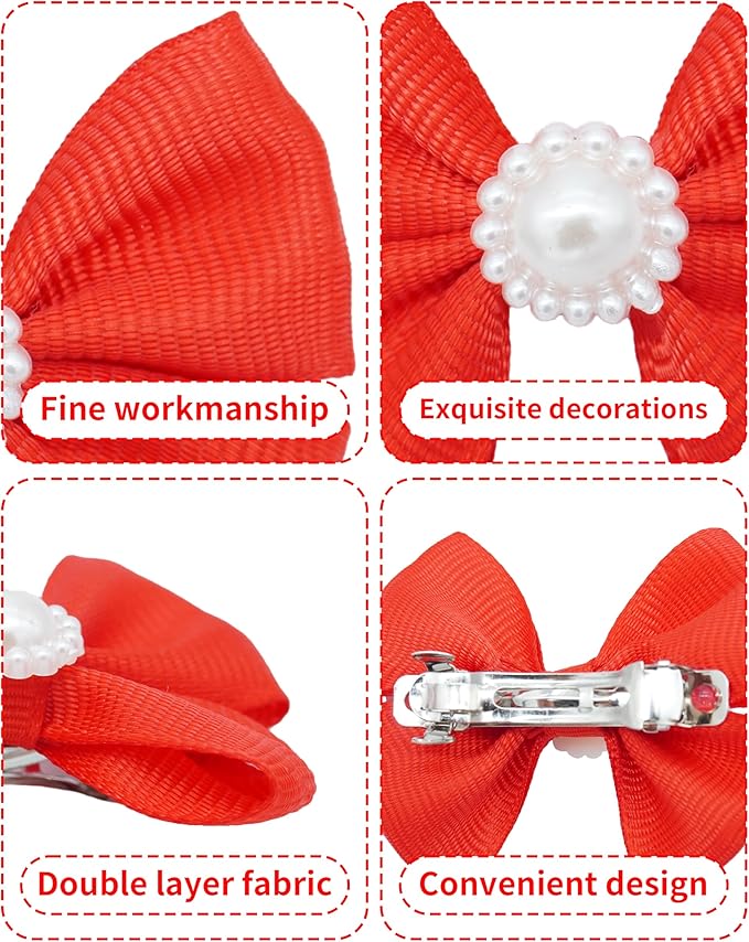 PET SHOW 10Pcs 2" Plain Small Dog Hair Bows with French Clips Faux Pearls Pet Bowknot Barrette Bows Puppy Topknot Medium Dogs Grooming Hair Accessories for Doggies Cat Kitten Rabbit