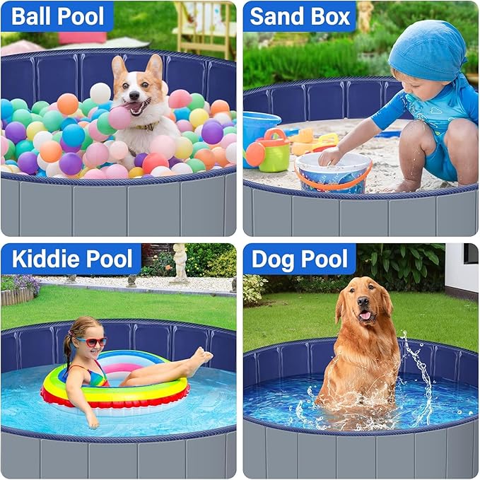 Dog Pool for Large Dogs, Kiddie Pool Hard Plastic, Dog Bathtub Portable, Foldable Pool for Dogs Slip-Resistant (Dark Gray, XL-64"x12")