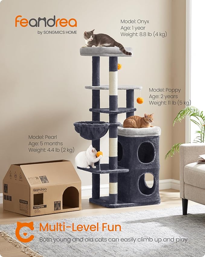 Feandrea Tall Cat Tree Tower, Multiple-Level Cat Condo with 2 Caves, 3 Scratching Posts, 3 Perches, Dark Gray UPCT007G02