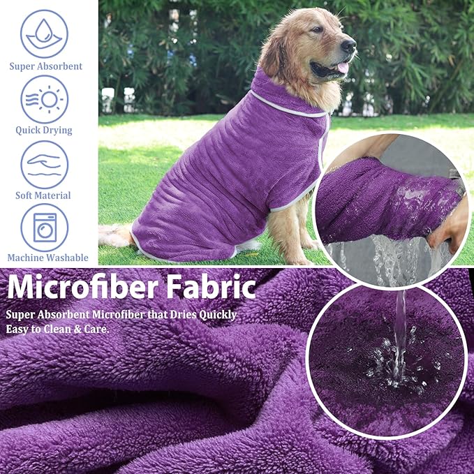 Dog Bathrobe Towel Dog Drying Coat - Super Absorbent Towels Bath Robe for Dogs Large, Soft Adjustable Collar & Belly Strap Fast Drying Coat Pet Cat Bath Robe (Violet, 3X-Large)