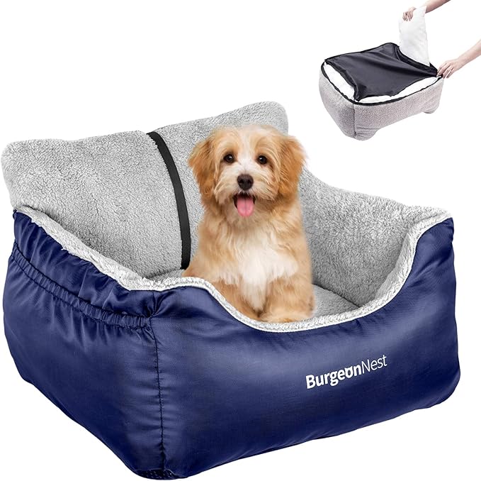 BurgeonNest Dog Car Seat for Small Dogs, Fully Detachable and Washable Cat Carseats Under 25 lbs, Soft Pet Booster Seats with Storage Pockets and Clip-On Leash Portable Car Travel Carrier Bed, Blue