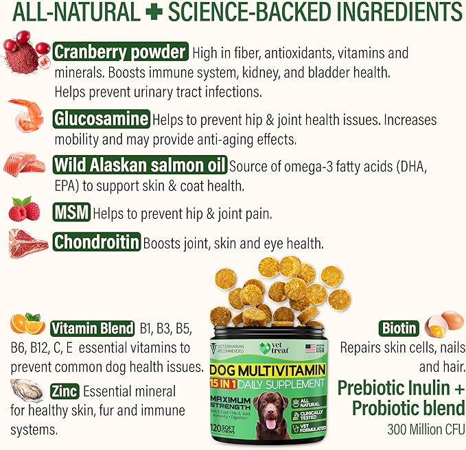 Dog Multivitamin Chewable with Glucosamine & Salmon Oil – Made USA – Puppy & Senior Supplement – 120 Chews– Daily Wellness Support for Joints, Immune System, Skin & Coat, Heart & Digestion