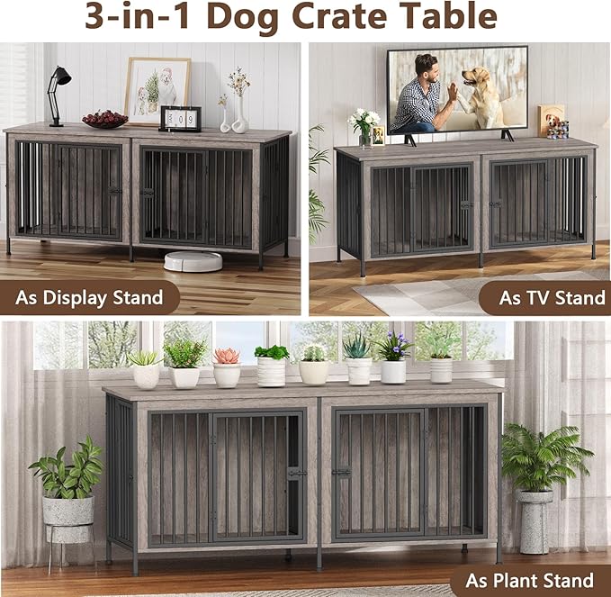 EasyCom Dog Crate Furniture for 1 or 2 Dogs, Heavy Duty Single/Double Dog Crates for Small/Medium/Large Dogs, Dog Kennel Furniture Indoor as TV Stand, Large Size 78.74" L(35-60 Pounds), Oak Grey