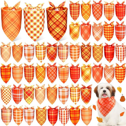 Abbylike 50 Pcs Thanksgiving Dog Bandanas Bulk Plaid Bandanas for Dogs Triangle Kerchief Bib Scarf for Pets Fall Costume Photo Props Accessories Pet Shops Groomers, 25 Styles (19.7 x 13.8 x 13.8)