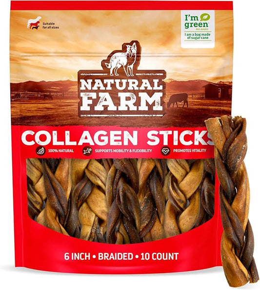 Natural Farm Braided Collagen Chews for Dogs (6 Inch, 10 Pack), Collagen Sticks, Natural Dog Chews, Long Lasting, for Small, Medium and Large Dogs, Odor-Free, Rawhide Alternative