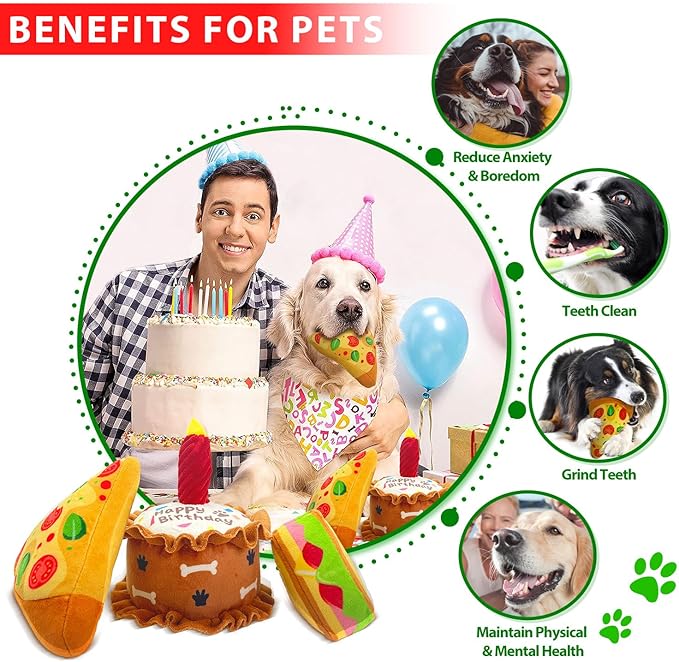 Birthday Squeaky crinkly Cake Aggressive chew for pups Sandwiches Pizza Party Dog Toy Colorful Playset to Keep Your Furry Friend Busy with 3 Pack Dog Toys for Birthday Gift Toys