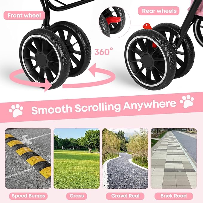 Double Pet Stroller for Dogs and Cats,Cat Strollers for 2 Cats,Double Dog Stroller for 2 Small Medium Dogs,4 Lockable Wheels/Lightweight/Folding,Pink