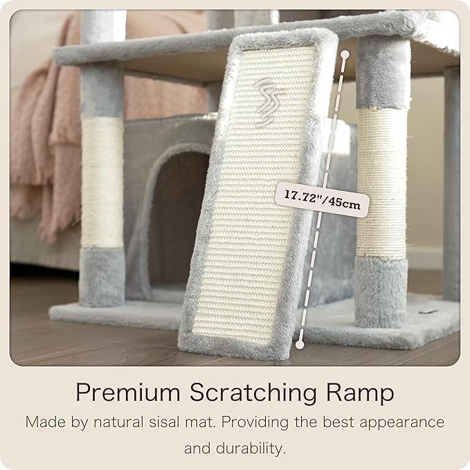 Ouritsu Cat Tree, 35 inch Cat Tower for Large Cat Indoor, 1 Widened Top Perch, 2 Enlarged Condos, Fluffy Basket, Scratching Posts and Ramp, Light Gray, MF001GA