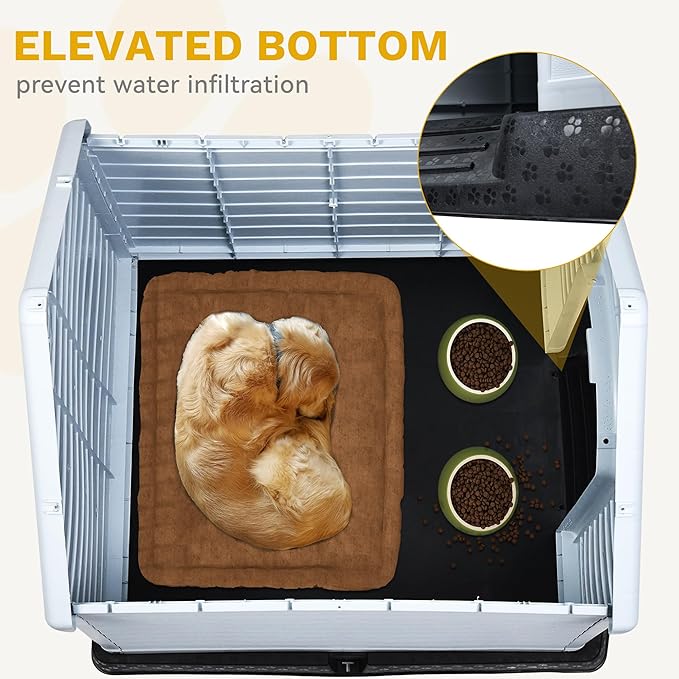 DWVO Plastic Dog House, Weatherproof Outdoor/Indoor Doghouse, Puppy Kennel with Air Vents and Elevated Floor