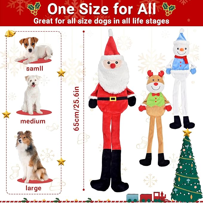 3-Pack Christmas Dog Toys, Tough Dog Squeaky Toys Plush Dog Chew Toys Bundle, Interactive Xmas Dog Toys for Puppy Small Medium Large Dogs