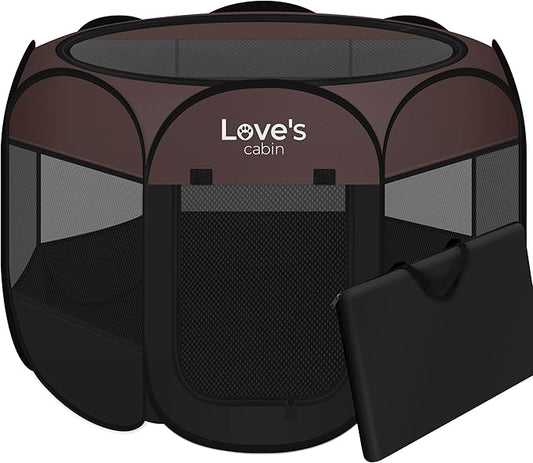 Love's cabin Pet Puppy Dog Playpen, Large Dog Tent Crates Cage Indoor/Outdoor, Portable Playpen for Cat, Foldable Pop Up Dog Kennel Playpen with Carring Case, Removable Zipper Top, Brown