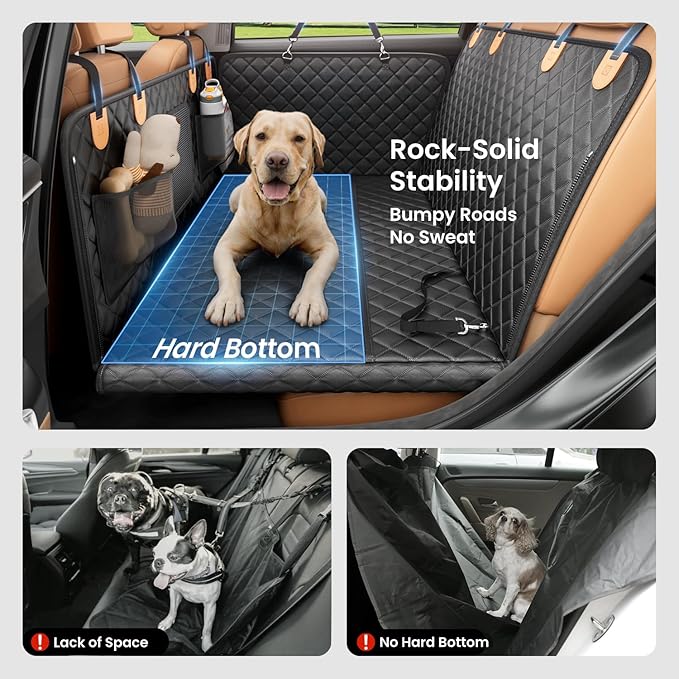 REEVAA Dog Car Seat Cover for Back Seat, Hard Bottom Dog Hammock, Pet Bed Extender for 2-4 Large/Medium Dogs, Ruff Waterproof Seat Protector, Rover Universal L Size for SUV Medium Truck, Black+Orange