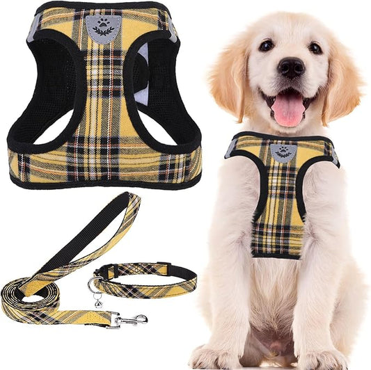 PUPTECK Adjustable Dog Harness Collar and Leash Set Step in No Pull Pet Harness for Small Medium Dogs Puppy and Cats Outdoor Walking Running, Soft Mesh Padded Reflective Vest Harnesses, Yellow, L