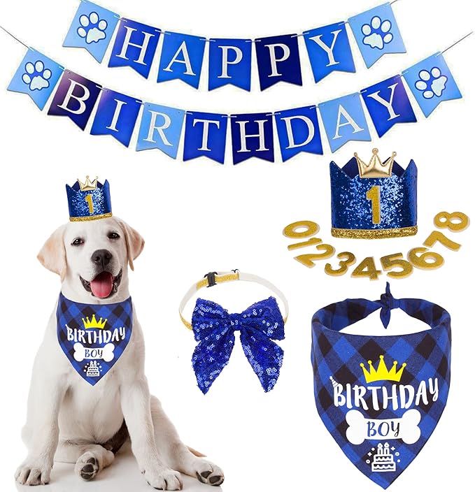 ADOGGYGO Dog Birthday Hat Bandana - Navy Blue Birthday Boy Dog Bandana Pet Party Hat with Numbers Bow and Happy Birthday Banner Set (Large)