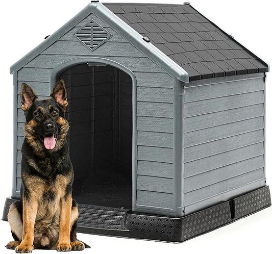 DWVO Plastic Dog House, Weatherproof Outdoor/Indoor Doghouse, Puppy Kennel with Air Vents and Elevated Floor