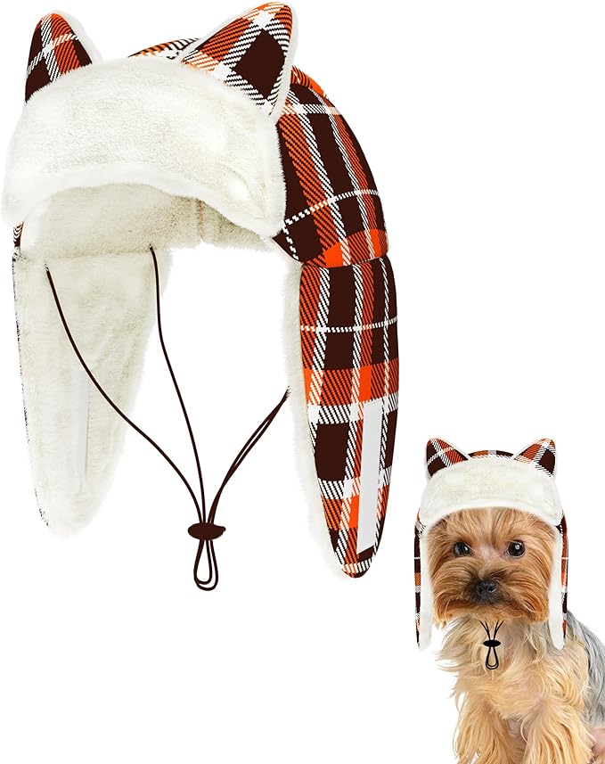 PET SHOW Dog Trapper Hat Winter Hat for Extra Small Dogs Cats Fall Warm Fleece Aviator Hats with Ear Flaps Adjustable Outdoor Boy Puppy Pet Pilot Costume Cap XS-Orange Plaid/Without Ear Holes