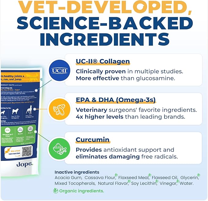 Jope Hip & Joint Supplement for Dogs Large, Medium, Small - Joint Chews w/UC-II® Collagen - Proven Better Than Glucosamine Chondroitin in Canine Health - Veterinarian Formulated, Omega 3 & Curcumin
