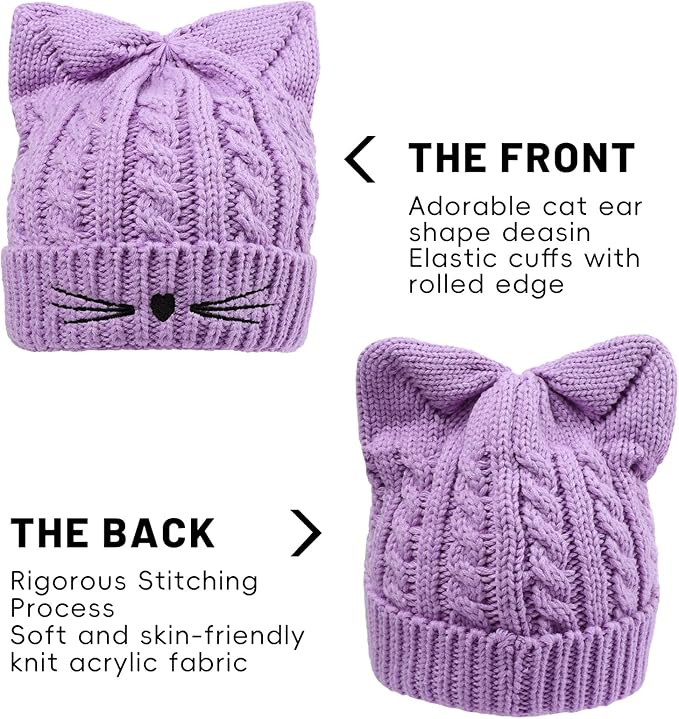 Kids Girls Cat Ear Hat Winter Warm Knit Beanie Cute Ski Skull Cap for Ages 7-12