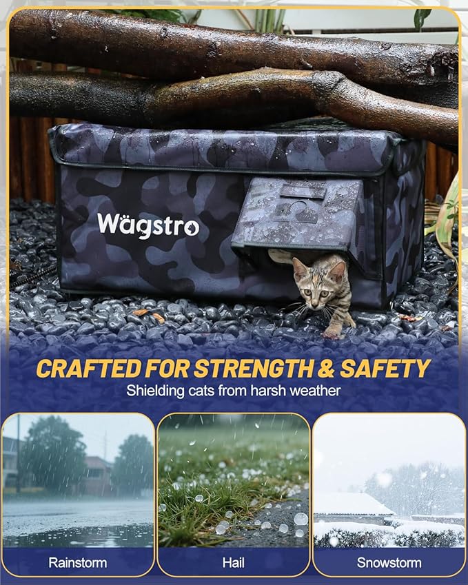 Heated Cat House for Outside, Waterproof Awning & Escape Door Heated Cat Houses for Indoor/Outdoor Cats in Winter, Elevated & Insulated Outdoor Cat Shelter for Feral Cat(Black Camo, 25"x16"x12")