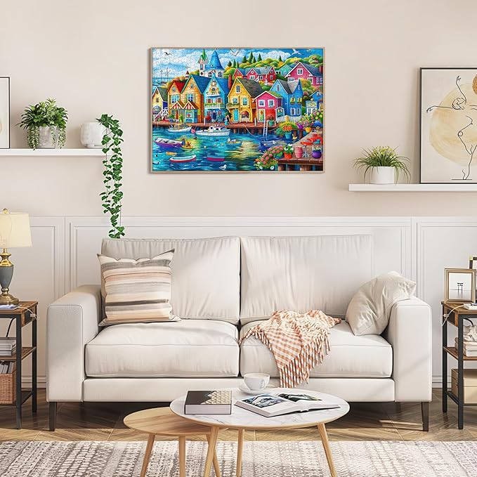 Seaside Town Jigsaw Puzzle, Puzzles for Adults 1000 Pieces, Ocean Boat Seagull Landscape Puzzle with Letters on Back, Challenging for Adults with Vibrant Coastal Art, 28x20 Inch, Family Games & Gift