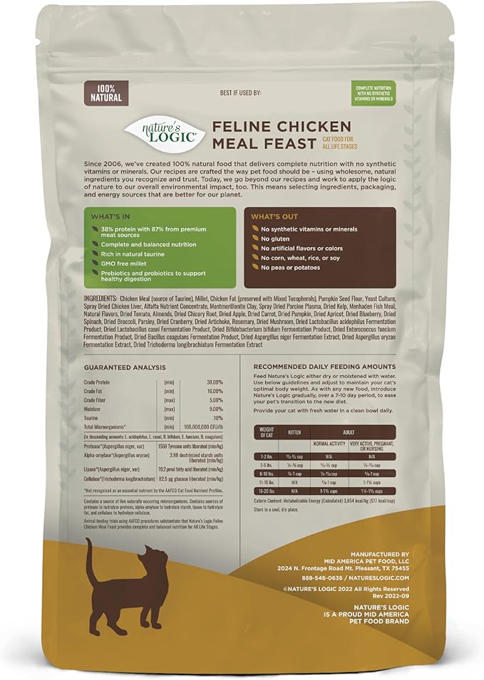 Nature's Logic Feline Chicken Meal Feast Cat Food - High-Protein Dry Food for Cats, 100% Natural Nutrition with Probiotics & Prebiotics - All Life Stages - Chicken, 3.3lbs