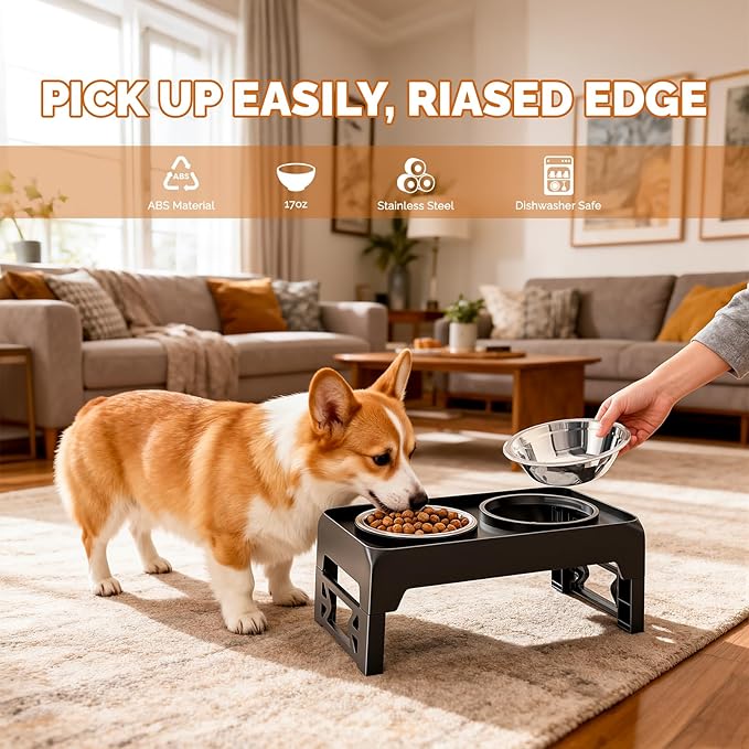 Elevated Dog Bowls for Small Medium Dogs - Adjustable Mess Proof Raised Dog Bowl Stand with 2 Premium 17oz Stainless Steel Food Bowl Dish Feeder Adjusts to 2.6’’- 5.3’’ Non-Slip Black