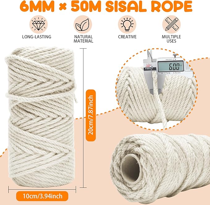 164FT/50M Cat Scratching Sisal Rope, 6mm Thick Natural Jute Rope for Scratch Posts, Cat Trees, DIY Projects, Sisal Rope for Cat Scratcher with 2 Cat Mouse Toys (White, 164ft)