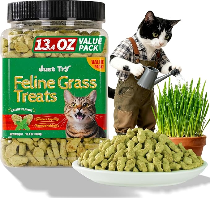 Just Try 13.4 OZ Cat Treats for Indoor Cats Hairball Control Natural Salmon Healthy Cat Grass Treats Kitten Snacks Training Biscuits Catnip for Cats Dental Care