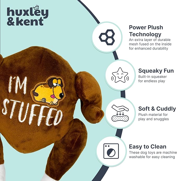 Huxley & Kent Funny Dog Toy w/Squeaker – Thanksgiving Fall Power Plush Squeaky Dog Toys for Small, Medium & Large Dogs – Soft Stuffed Animal for Indoor Play & Fetch - I'm Stuffed Turkey, Large