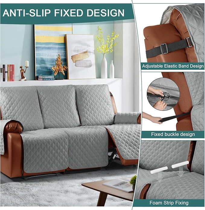 Ruaozz Waterproof Recliner Sofa Cover 1-Piece Couch Covers for Reclining Couches Reclining Sofa Cover Washable Furniture Protector with Elastic Straps Pocket for Kids, Pets (Light Grey, 3 Seater)