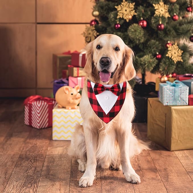 ADOGGYGO Christmas Dog Tuxedo Bandana, Red Plaid Xmas Pet Bowtie Collar, Adjustable Christmas Costumes for Large Dogs (L)