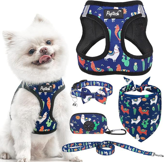 PUPTECK Adjustable Dog Harness Collar and Leash Set, Step in No Pull Pet Harness for Small Medium Dogs Puppy Cats Outdoor Walking, Soft Mesh Padded Reflective Vest Harnesses, Navy Blue Alpaca, XXS
