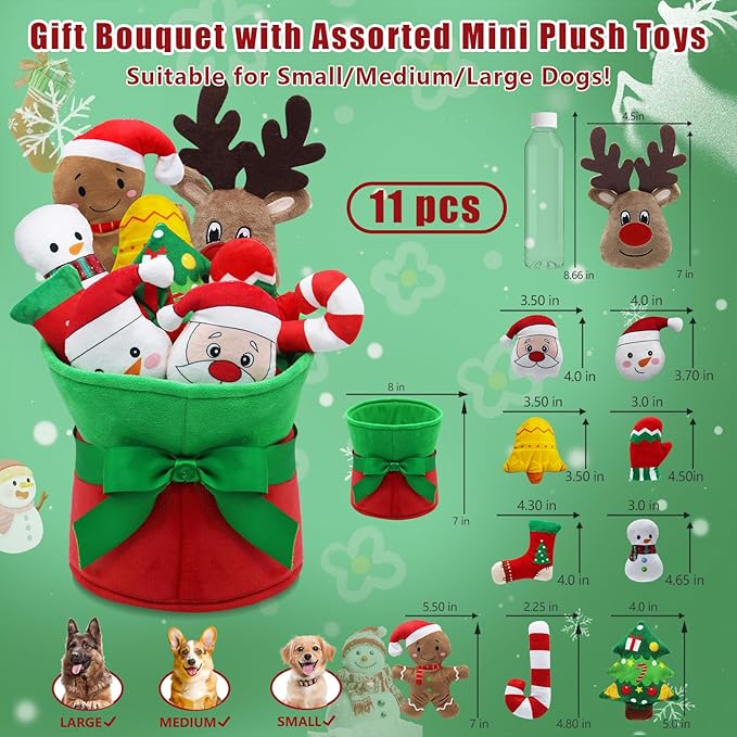 Squeaky Dog Toys, 11 Pcs Christmas Interactive Dog Toy Collection in Flower Bouquet Packaging,10 Adorable Animal Plush Toy