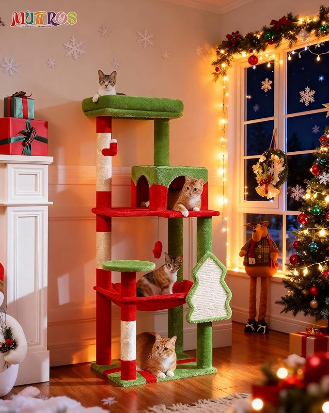 Cat Christmas Tree for Indoor Cats – 56.3“ Cat Proof Christmas Tree Tower with Large Hammock, 3 Scratching Posts & 3 Christmas Toy Balls – Holiday Cat Tree with Festive Decor, Christmas Red