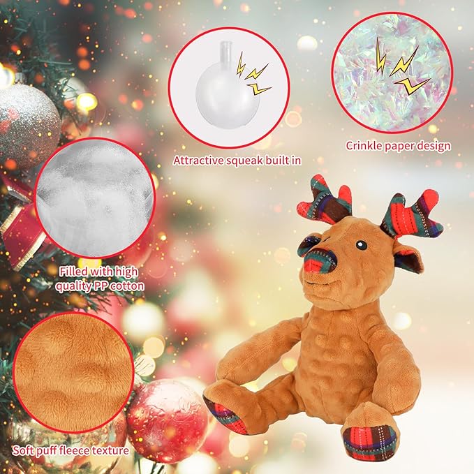 Rypet Christmas Reindeer Dog Toys Durable Plush Dog Toys with Crinkle Paper Interactive Dog Stuffed Squeaky Toys for Puppy Medium Small Dogs Cleaning Teeth and Relieving Anxiety