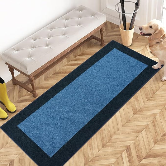PURRUGS Dirt Trapping Door Mat 24" x 60", Non-Slip/Skid Machine Washable Entryway Rug, Shoes Scraper, Throw Rug, Super Absorbent Area Rug for Muddy Wet Shoes and Paws, Light Blue & Navy