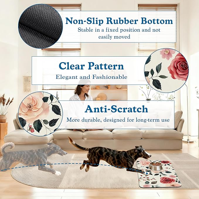 Pink Flower Leaf Pet Feeding Mat–Quick Dry Absorbent Dog Cat Food Mat, Non Slip Waterproof Bowl Placemat for Messy Eaters, Pet Accessories for Floors 12"x20"
