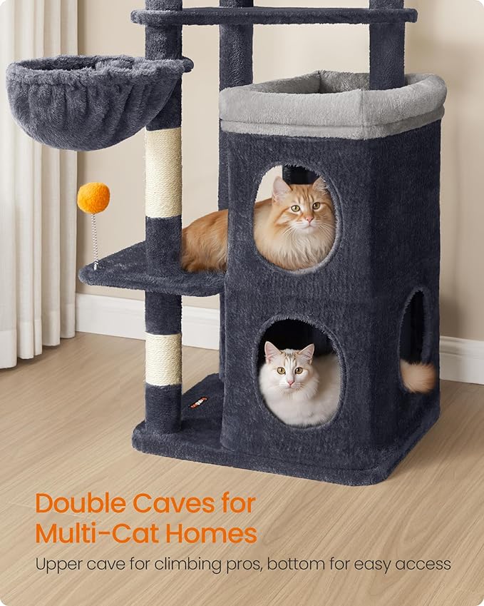 Feandrea Tall Cat Tree Tower, Multiple-Level Cat Condo with 2 Caves, 3 Scratching Posts, 3 Perches, Dark Gray UPCT007G02