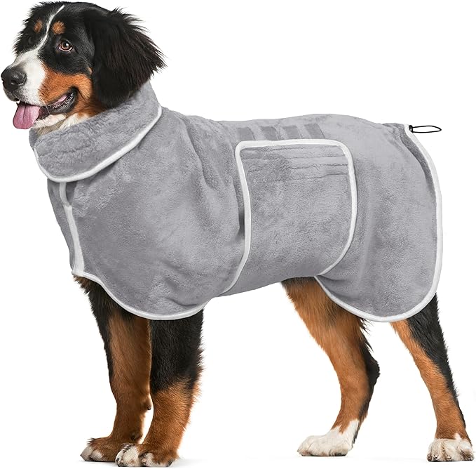 Dog Bathrobe Towel Drying Coat - Super Absorbent Dog Towels Bath Robe for Drying Dogs Large, Soft Adjustable Collar & Belly Strap Fast Drying Coat Pet Dog Cat Bath Robe Towel (Grey, Small)